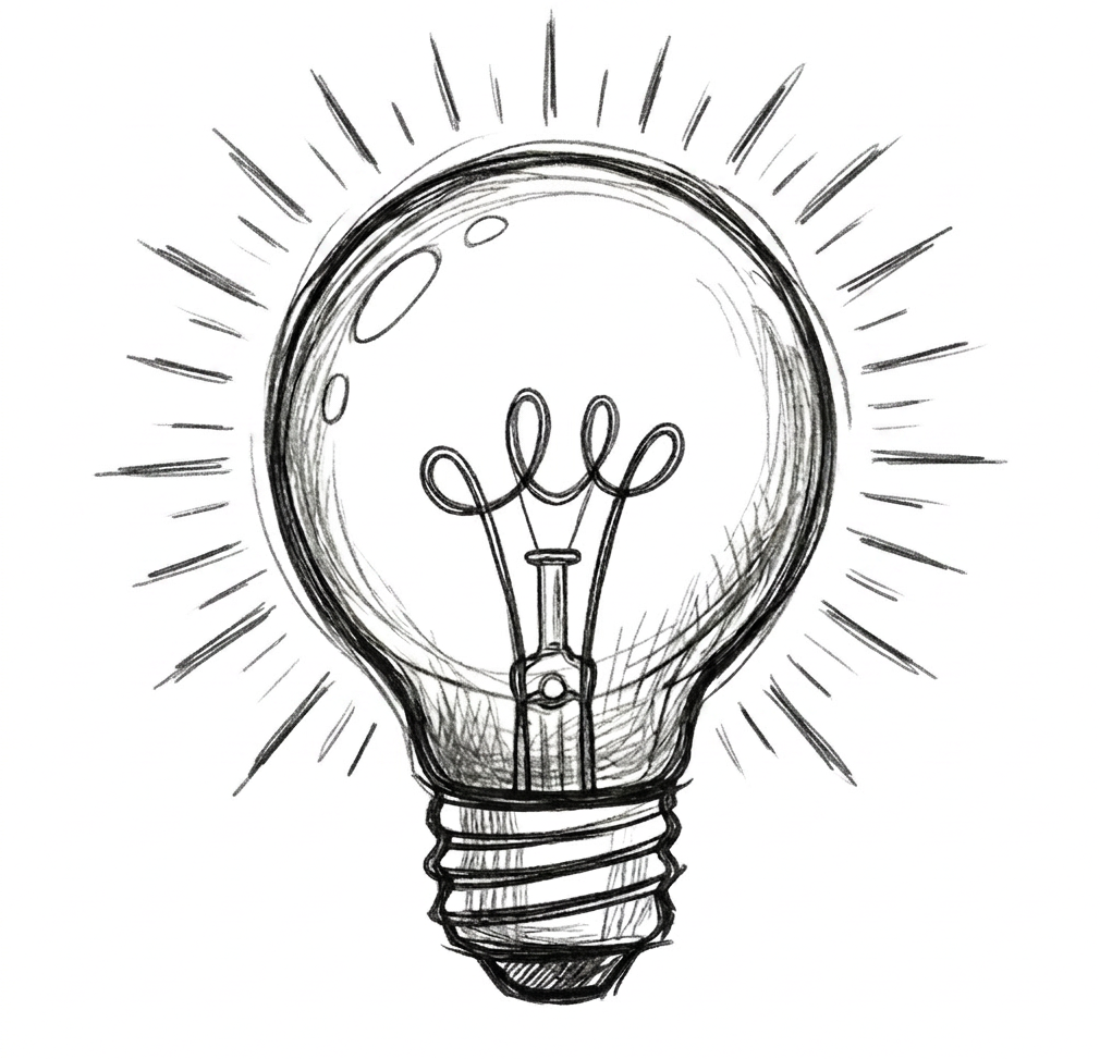 Concept of creativity and affection Hand-drawn filament lightbulb with small rays of light radiating from the bulb.