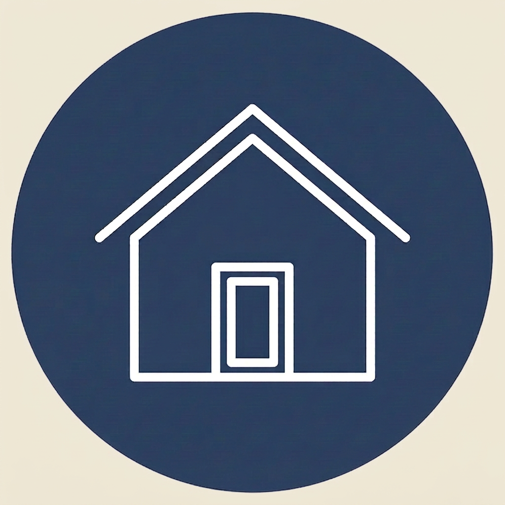 White shield outline inside a navy blue circle
