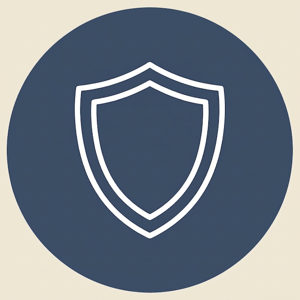 White shield outline inside a navy blue circle